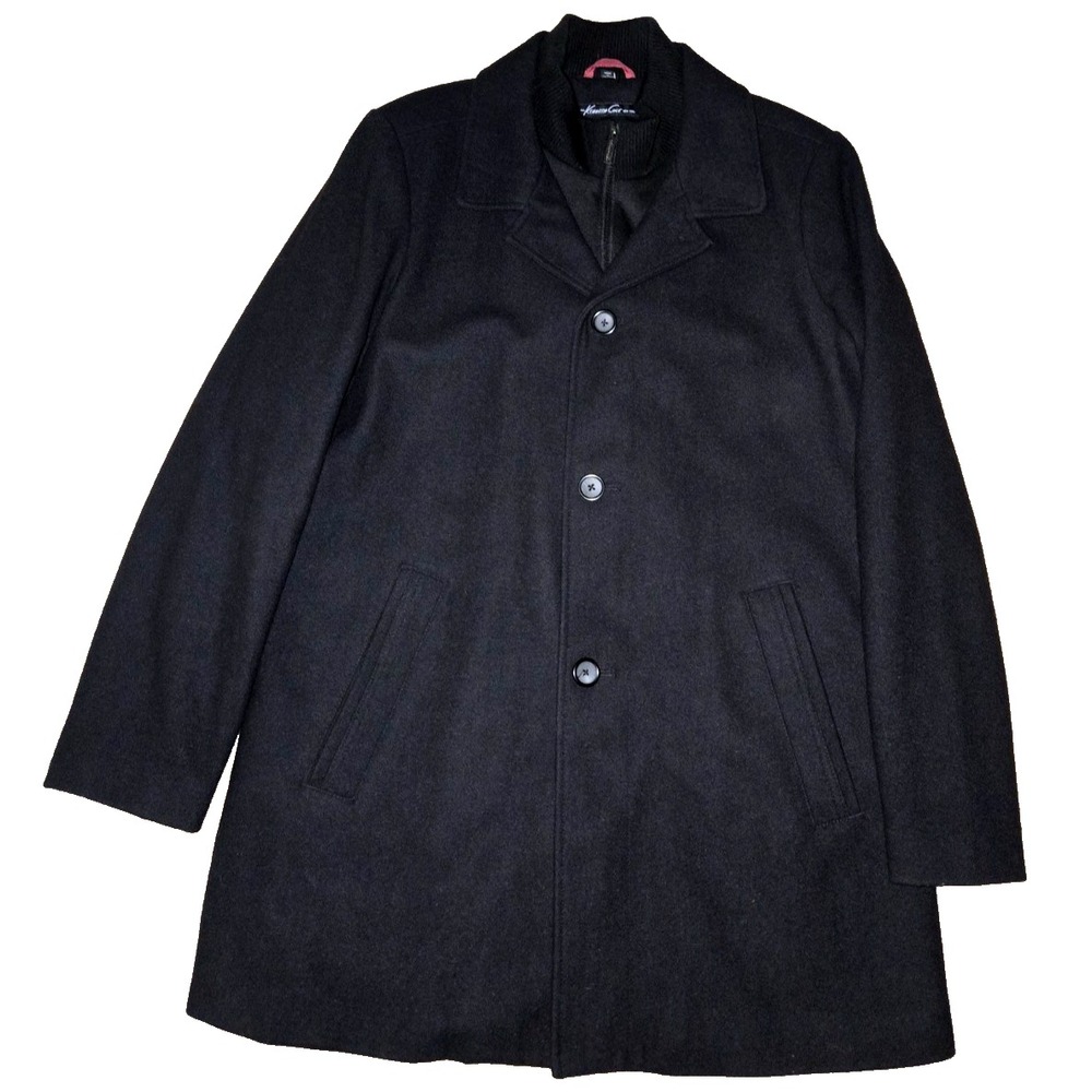 Kenneth Cole NY Single Breasted Wool Peacoat Mens‎ 42L Black with Zippered Liner